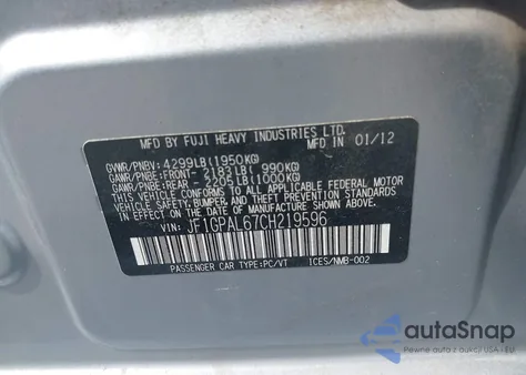 2012 Subaru Impreza 2.0I Sport Premium from USA, damaged, VIN JF1GPAL67CH219596